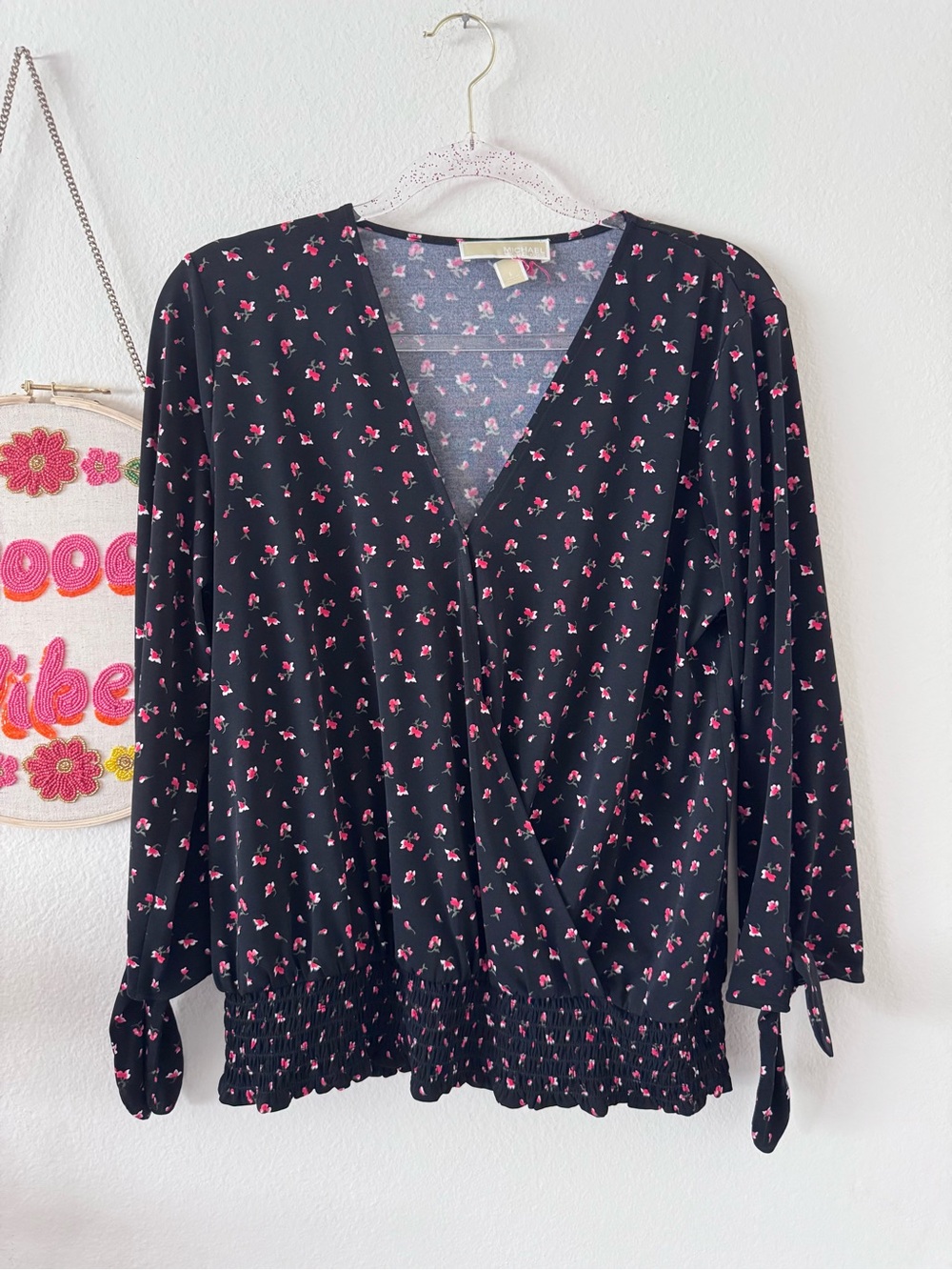 Michael Kors Black Floral Wrap Blouse with Pink Accents